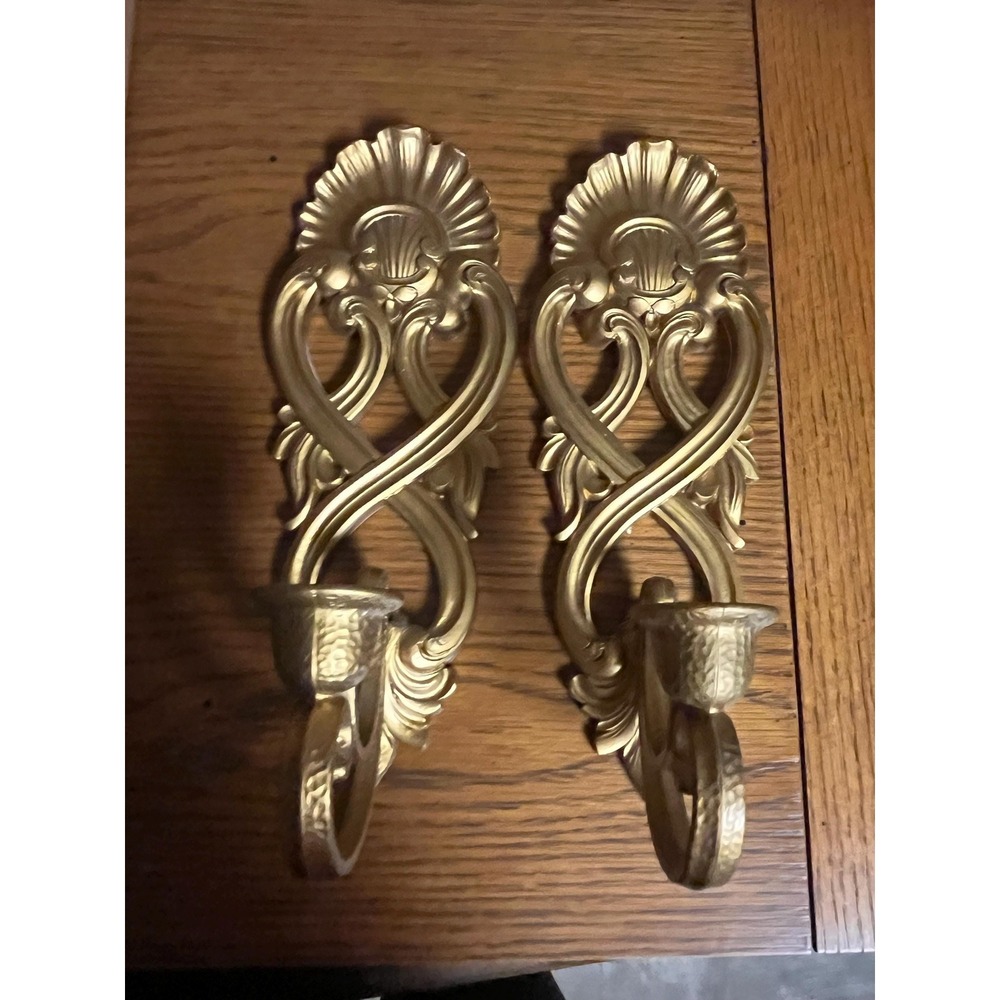 Vintage Homco Wall Sconces Pair Gold Shell Candle Holders Hollywood Regency